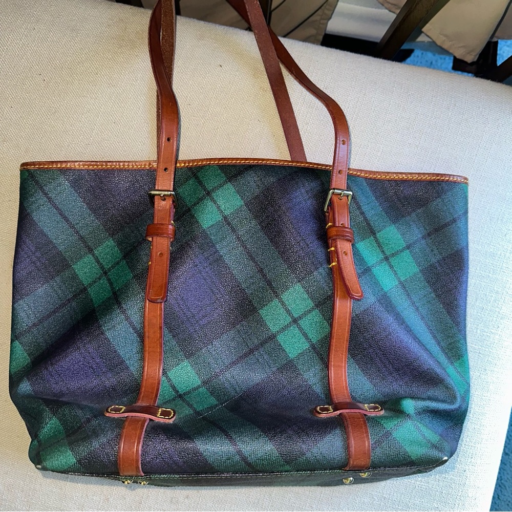 Plaid Tote Bag with Brown Leather Straps - Picture 4 of 9